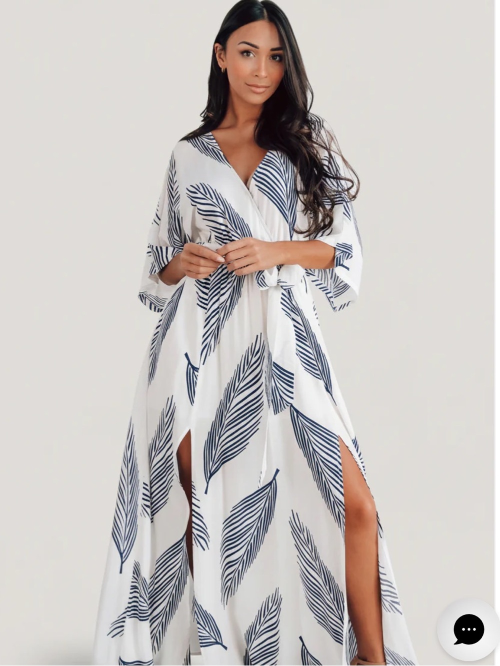 Baltic Born 3X Plus Size White Maxi Wrap Dress with Navy Leaf Print - Picture 3 of 15